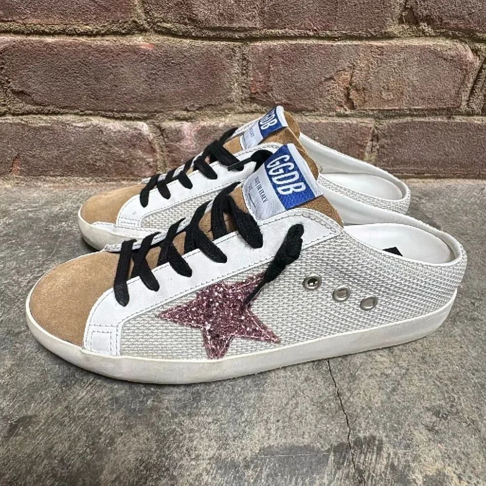 Golden Goose Women's Super-Star Sabot White Pink Glitter Star Mule Sneakers Sz 7